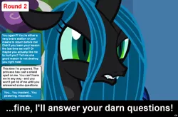 Size: 1024x672 | Tagged: caption, changeling, changeling queen, comic:celestia's servant interview, derpibooru import, female, interview, meta, queen chrysalis, safe