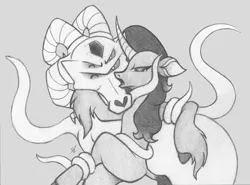 Size: 1083x800 | Tagged: dead source, suggestive, artist:lockerobster, derpibooru import, fhtng th§ ¿nsp§kbl, oleander (tfh), classical unicorn, demon, unicorn, them's fightin' herds, cloven hooves, community related, female, fredeander, gray background, grayscale, heart eyes, leonine tail, male, monochrome, open mouth, pencil drawing, shipping, simple background, tentacles, traditional art, unshorn fetlocks, wingding eyes