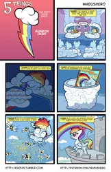 Size: 1280x1978 | Tagged: safe, artist:wadusher0, derpibooru import, gilda, rainbow dash, bee, gryphon, insect, pony, series:five things you didn't know, blanket, butt, cloud, comic, female, filly, flying, girly, griffonized, plot, rainbow, rainbow griffon, reincarnation, species swap, tower, younger