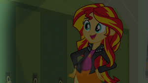 Size: 300x168 | Tagged: safe, derpibooru import, edit, edited screencap, screencap, sunset shimmer, comic:a new change, equestria girls, equestria girls (movie), clothes, hand on hip, jacket, leather jacket, lockers, pregnant, pregnant edit, skirt, solo