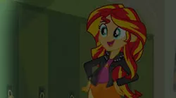 Size: 300x168 | Tagged: safe, derpibooru import, edit, edited screencap, screencap, sunset shimmer, comic:a new change, equestria girls, equestria girls (movie), clothes, hand on hip, jacket, leather jacket, lockers, pregnant, pregnant edit, skirt, solo
