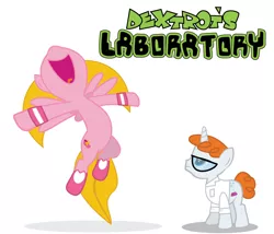 Size: 1131x967 | Tagged: safe, artist:cxfantasy, derpibooru import, ponified, pegasus, pony, unicorn, clothes, crossover, dee dee, dexter, dexter's laboratory, lab coat, open mouth, simple background, smiling, vector, white background