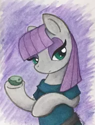 Size: 324x427 | Tagged: safe, artist:jenkiwi, derpibooru import, boulder (pet), maud pie, earth pony, pony, clothes, duo, female, lidded eyes, mare, solo, traditional art