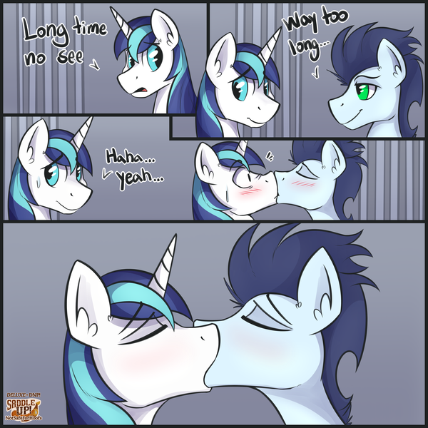 Size: 4000x4000 | Tagged: safe, artist:notsafeforhoofs, derpibooru import, shining armor, soarin', pony, unicorn, saddle up!, blushing, comic, explicit source, gay, infidelity, kissing, male, shipping, soarin' armor