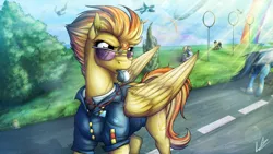 Size: 3840x2160 | Tagged: safe, artist:lupiarts, derpibooru import, derpy hooves, soarin', spitfire, pegasus, pony, wonderbolts academy, clothes, crepuscular rays, drill sergeant, female, flying, looking back, mare, rainbow, silhouette, sunglasses, uniform, whistle, whistle necklace, wonderbolts dress uniform, wonderbolts uniform