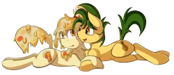 Size: 2815x1213 | Tagged: safe, artist:beardie, derpibooru import, oc, oc:cheesyblend, oc:piña, ponified, unofficial characters only, food pony, original species, pizza pony, pony, cuddling, cute, food, pineapple, pizza, simple background, transparent background