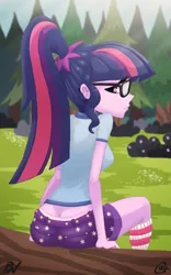 Size: 1485x2376 | Tagged: suggestive, artist:oatmeal, artist:pixel's workstation, derpibooru import, sci-twi, twilight sparkle, equestria girls, ass, breasts, butt, buttcrack, camp everfree, camp everfree outfits, clothes, female, frilly underwear, glasses, looking at you, looking back, looking back at you, panties, shorts, sock, socks, solo, solo female, striped socks, tree, underwear, white underwear