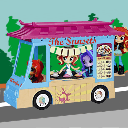 Size: 446x446 | Tagged: safe, artist:whatthehell!?, derpibooru import, edit, part of a set, starlight glimmer, sunset shimmer, equestria girls, friendship games, animated, doll, equestria girls minis, eqventures of the minis, fixed, food truck, funny, gif, multeity, parody, part of a series, shimmerstorm, sunset sushi, sunset's sushi truck, toy, triality, trio, truck