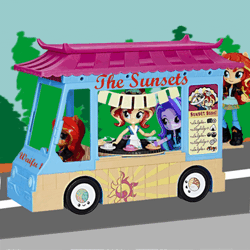 Size: 446x446 | Tagged: safe, artist:whatthehell!?, derpibooru import, edit, part of a set, starlight glimmer, sunset shimmer, equestria girls, friendship games, animated, doll, equestria girls minis, eqventures of the minis, fixed, food truck, funny, gif, multeity, parody, part of a series, shimmerstorm, sunset sushi, sunset's sushi truck, toy, triality, trio, truck