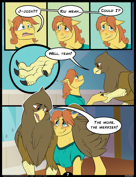 Size: 5100x6600 | Tagged: safe, artist:etchpony, derpibooru import, gaston (griffon), warm front, gryphon, pegasus, pony, comic:international affairs, saddle up 2: creature comforts, absurd resolution, blushing, clothes, comic, dialogue, explicit source, gaston, gay, hug, image, male, png, shipping, stallion, warmston, winghug