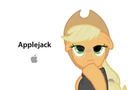 Size: 1000x702 | Tagged: artist needed, source needed, safe, derpibooru import, applejack, earth pony, pony, ad parody, apple (company), clothes, female, floppy ears, glasses, hat, hoof on chin, logo, mare, simple background, solo, steve jobs, sweater, turtleneck, white background