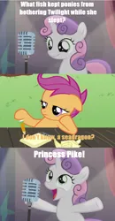 Size: 870x1674 | Tagged: safe, derpibooru import, edit, edited screencap, screencap, scootaloo, sweetie belle, pony, bloom and gloom, ponyville confidential, princess spike (episode), bad sweetie belle joke, bored, comic, curtains, hat, meme, microphone, notepad, pencil, pun, screencap comic, stage