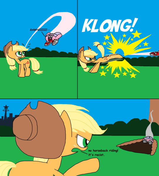 Size: 1908x2118 | Tagged: safe, artist:trc-tooniversity, derpibooru import, applejack, earth pony, pony, bucking, comic, crossover, dialogue, fatality, female, kirby, kirby (character), mare, ms paint