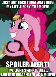 Size: 695x960 | Tagged: back to the future, caption, derpibooru import, edit, edited screencap, food, image macro, implied death, implied time travel, meme, muffin, my little pony: the movie, pinkie mcpie, pinkie pie, safe, screencap, solo, spoiler alert, text, what about discord?