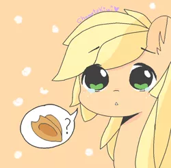 Size: 900x884 | Tagged: safe, artist:chametzkiwi, derpibooru import, applejack, pony, applejack wants her hat back, applejack's hat, chibi, cowboy hat, crying, cute, hat, hatless, jackabetes, missing accessory, question mark, sad, solo