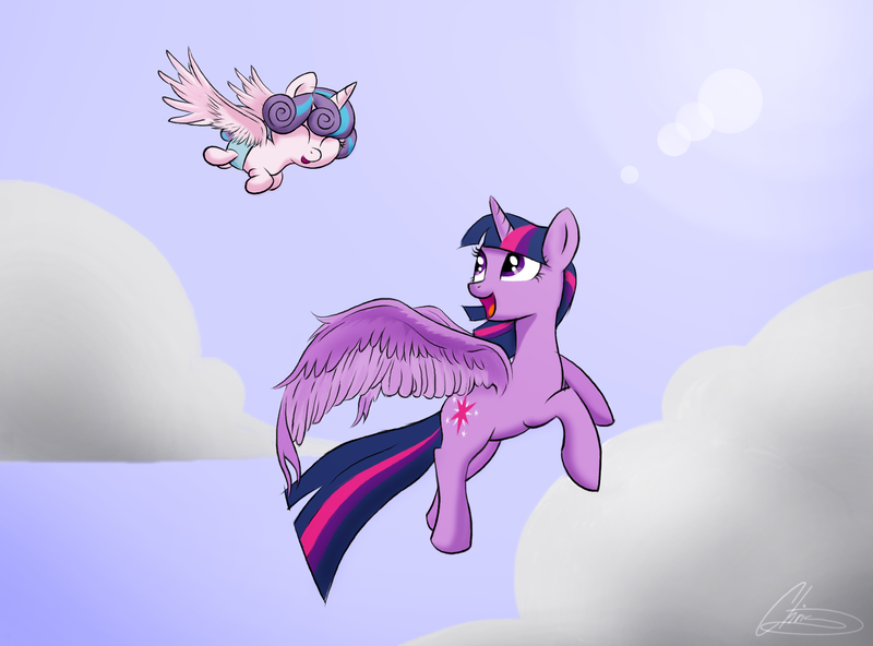 Size: 2272x1680 | Tagged: safe, artist:oinktweetstudios, derpibooru import, princess flurry heart, twilight sparkle, twilight sparkle (alicorn), alicorn, pony, aunt and niece, cloud, flying