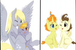 Size: 1821x1200 | Tagged: safe, artist:tejedora, derpibooru import, crackle pop, derpy hooves, dinky hooves, pound cake, pumpkin cake, pegasus, pony, brother and sister, cake twins, equestria's best mother, female, hug, male, mare, mother and child, mother and son, nuzzling, siblings, simple background, sisters, tongue out, twins, underhoof, white background