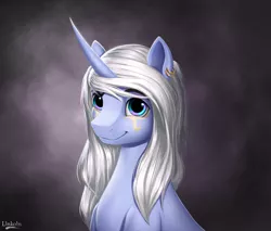 Size: 1600x1362 | Tagged: safe, artist:l1nkoln, derpibooru import, oc, unofficial characters only, pony, unicorn, blaze (coat marking), coat markings, commission, curved horn, dark background, ear piercing, earring, female, horn, jewelry, mare, piercing, smiling, solo, swirly markings