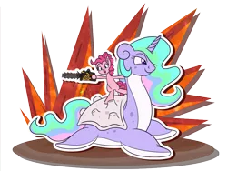 Size: 800x600 | Tagged: artist:couchcrusader, chainsaw, crossover, derpibooru import, doom, lapras, pinkie pie, pokefied, pokémon, princess celestia, safe, simple background, species swap, transparent background, wat