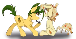 Size: 2849x1466 | Tagged: safe, artist:beardie, derpibooru import, oc, oc:cheesyblend, oc:piña, ponified, unofficial characters only, food pony, original species, pizza pony, pony, chest fluff, crying, dock, engagement ring, female, food, jewelry, lesbian, looking at each other, mare, marriage proposal, oc x oc, pizza, ring, shipping, simple background, transparent background