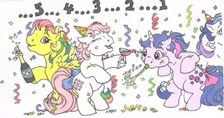 Size: 1309x691 | Tagged: safe, artist:foxspotted, derpibooru import, buttons (g1), gingerbread, skydancer, sundance, pony, bottle, bow, countdown, dexterous hooves, g1, new years eve, party horn, simple background, tail bow, traditional art, white background