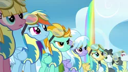 Size: 2560x1440 | Tagged: safe, derpibooru import, screencap, bulk biceps, cloudchaser, lightning dust, meadow flower, mercury, rainbow dash, starry eyes (character), sunshower raindrops, thunderlane, pony, wonderbolts academy, clothes, cloud, goggles, rainbow, rainbow waterfall, uniform, wonderbolt trainee uniform