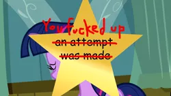 Size: 2560x1440 | Tagged: safe, derpibooru import, edit, edited screencap, screencap, twilight sparkle, twilight sparkle (alicorn), alicorn, pony, totally legit recap, a flurry of emotions, solo, vulgar, you tried