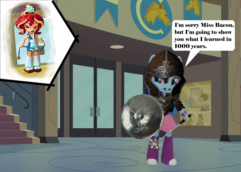 Size: 1059x756 | Tagged: safe, artist:whatthehell!?, derpibooru import, edit, part of a set, screencap, sonata dusk, sunset shimmer, fish, equestria girls, arms, canterlot high, doll, equestria girls minis, eqventures of the minis, fight, funny, kusarigama, mace, parody, part of a series, shield, sunset sushi, sunset's sushi truck, toy, weapon