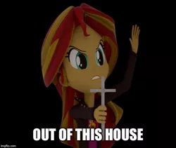 Size: 592x500 | Tagged: safe, artist:creatorofpony, derpibooru import, sunset shimmer, equestria girls, 3d, cross, jontron, meme, out of this house, solo, source filmmaker, takeshi's challenge