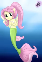Size: 1000x1450 | Tagged: safe, artist:liniitadash23, derpibooru import, fluttershy, mermaid, seapony (g4), equestria girls, my little pony: the movie, alternate hairstyle, belly button, clothes, fin wings, fins, mermaid tail, mermaidized, ponied up, pony ears, seaponified, seapony fluttershy, smiling, solo, species swap, spread wings, underwater, watershy, wings