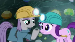 Size: 1920x1080 | Tagged: safe, derpibooru import, screencap, boulder (pet), maud pie, starlight glimmer, pony, rock solid friendship, discovery family logo, hard hat, hat, helmet, mining helmet