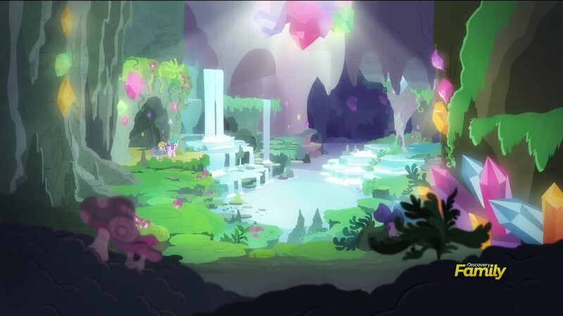 Size: 1920x1080 | Tagged: safe, derpibooru import, screencap, maud pie, starlight glimmer, pony, rock solid friendship, beautiful, discovery family logo, gem, glowing gems, grotto, maud's cave, mushroom, scenery, scenery porn, waterfall