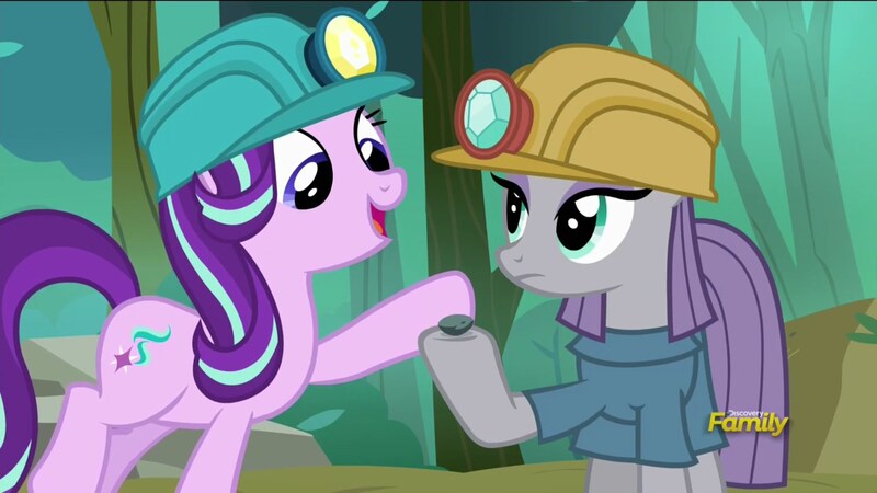 Size: 1920x1080 | Tagged: safe, derpibooru import, screencap, boulder (pet), maud pie, starlight glimmer, earth pony, pony, unicorn, rock solid friendship, discovery family logo, duo, female, hard hat, helmet, mare, mining helmet