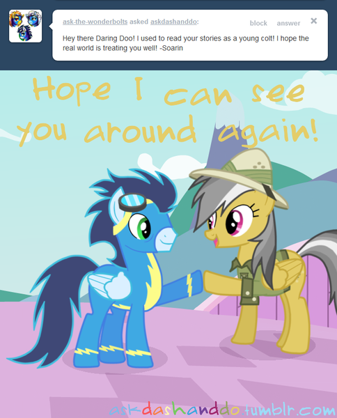 Size: 661x820 | Tagged: artist:drumblastingquilava, ask, askdashanddo, daring do, derpibooru import, hoofbump, safe, soarin', tumblr