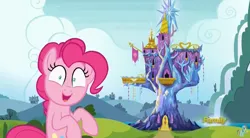 Size: 844x467 | Tagged: safe, derpibooru import, screencap, pinkie pie, pony, rock solid friendship, discovery family logo, solo, twilight's castle