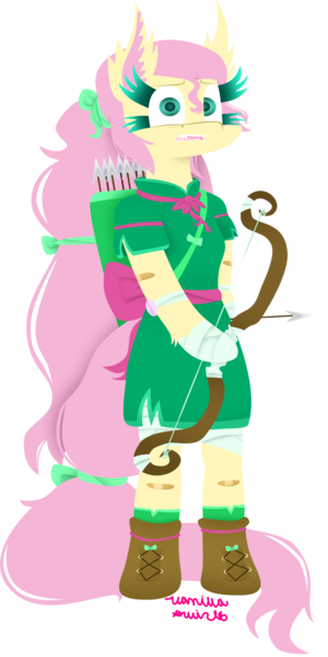 Size: 1024x2048 | Tagged: safe, artist:vanillaswirl6, derpibooru import, fluttershy, pegasus, pony, semi-anthro, archer, archery, arrow, arrows, bandage, bandaid, bipedal, boots, bow, bow (weapon), bow and arrow, clothes, colored eyelashes, colored pupils, dress, female, long hair, looking at you, medieval, nervous, open mouth, photoshop, quiver, ribbon, sharp teeth, shoe laces, shoes, signature, simple background, solo, teeth, transparent background, weapon, worried