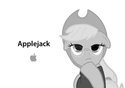 Size: 1000x702 | Tagged: artist needed, safe, derpibooru import, edit, applejack, earth pony, pony, ad parody, apple (company), clothes, female, floppy ears, glasses, hat, hoof on chin, logo, mare, simple background, solo, steve jobs, sweater, turtleneck, white background