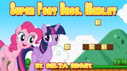 Size: 1024x576 | Tagged: safe, artist:dashiemlpfim, artist:dashiesparkle, artist:luckreza8, derpibooru import, pinkie pie, twilight sparkle, twilight sparkle (alicorn), alicorn, pony, ? block, caption, cloud, grass, image macro, meme, super mario bros., text