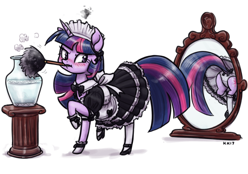 Size: 1280x900 | Tagged: suggestive, artist:king-kakapo, derpibooru import, twilight sparkle, pony, unicorn, accidental exposure, annoyed, blushing, clothes, cuffs (clothes), cute, duster, embarrassed, female, maid, mare, mirror, mouth hold, panties, raised hoof, raised tail, skirt, skirt lift, solo, solo female, tail, tail upskirt, twilight is not amused, unamused, underwear, upskirt, white underwear