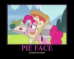 Size: 750x600 | Tagged: safe, derpibooru import, edit, edited screencap, screencap, pinkie pie, pony, rock solid friendship, demotivational poster, domino's, domino's pizza, meme, pizza box, pizza head, pizza pie, solo, the noid