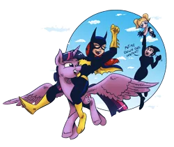 Size: 1040x878 | Tagged: safe, artist:saturdaymorningproj, derpibooru import, twilight sparkle, twilight sparkle (alicorn), alicorn, human, pony, ashi, batgirl, bubbles (powerpuff girls), crossover, daughters of aku, female, flying, humans riding ponies, mare, mega crossover, quartet, riding, samurai jack, simple background, tara strong, the powerpuff girls, transparent background, voice actor joke, woman