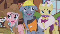 Size: 806x451 | Tagged: safe, derpibooru import, screencap, dandy grandeur, hard hat (character), wrangler, earth pony, pony, unicorn, fluttershy leans in, animated, bowtie, clothes, cowboy hat, female, floppy ears, gif, grin, hard hat, hat, male, mare, nervous, nervous grin, nervous laugh, raised eyebrow, skunk stripe, smiling, stallion, trio