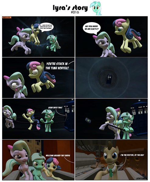 Size: 4000x4868 | Tagged: safe, artist:goatcanon, derpibooru import, bon bon, doctor whooves, flitter, lyra heartstrings, sweetie drops, time turner, pony, comic:lyra's story, 3d, a link to the past, absurd resolution, comic, crossover, doctor who, game boy advance, gameboy advance, male, source filmmaker, stallion, tardis, the legend of zelda, time vortex