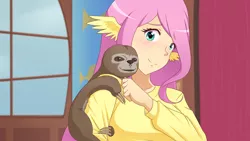 Size: 1280x720 | Tagged: artist:jonfawkes, blushing, clothes, cute, derpibooru import, duo, fluttershy, fluttershy leans in, fluttershy's cottage, human, humanized, lola the sloth, safe, scene interpretation, shyabetes, sloth, smiling, window, wing ears