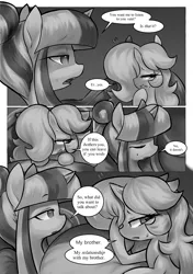 Size: 1512x2150 | Tagged: safe, artist:moonseeker, derpibooru import, oc, oc:sketchy skylar, unofficial characters only, pony, unicorn, comic:let's talk redux, comic, eyelashes, female, incest, monochrome, shipping, speech bubble