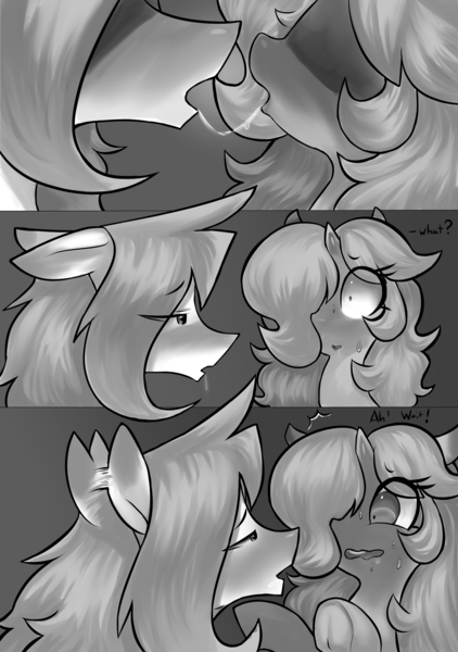 Size: 1512x2150 | Tagged: questionable, artist:moonseeker, derpibooru import, oc, oc:hexuas sword, oc:sketchy skylar, unofficial characters only, pony, unicorn, comic:let's talk redux, blushing, comic, drool, drool string, eyelashes, female, incest, kissing, male, monochrome, shipping, sloppy kissing, speech bubble, stallion, straight