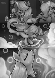 Size: 1512x2150 | Tagged: safe, artist:moonseeker, derpibooru import, oc, oc:sketchy skylar, unofficial characters only, pony, comic:let's talk redux, bathing, comic, eyelashes, female, incest, monochrome, shipping