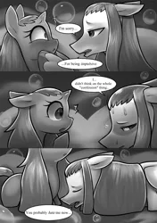 Size: 1512x2150 | Tagged: safe, artist:moonseeker, derpibooru import, oc, oc:hexuas sword, oc:sketchy skylar, unofficial characters only, pony, comic:let's talk redux, comic, eyelashes, female, incest, male, mare, monochrome, shipping, speech bubble, stallion
