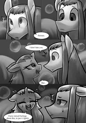 Size: 1512x2150 | Tagged: safe, artist:moonseeker, derpibooru import, oc, oc:hexuas sword, oc:sketchy skylar, unofficial characters only, pony, comic:let's talk redux, comic, eyelashes, female, incest, male, mare, monochrome, shipping, speech bubble, stallion