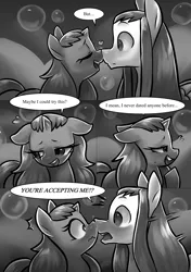 Size: 1512x2150 | Tagged: suggestive, artist:moonseeker, derpibooru import, oc, oc:hexuas sword, oc:sketchy skylar, unofficial characters only, pony, comic:let's talk redux, comic, eyelashes, female, heart, incest, male, mare, monochrome, shipping, speech bubble, stallion